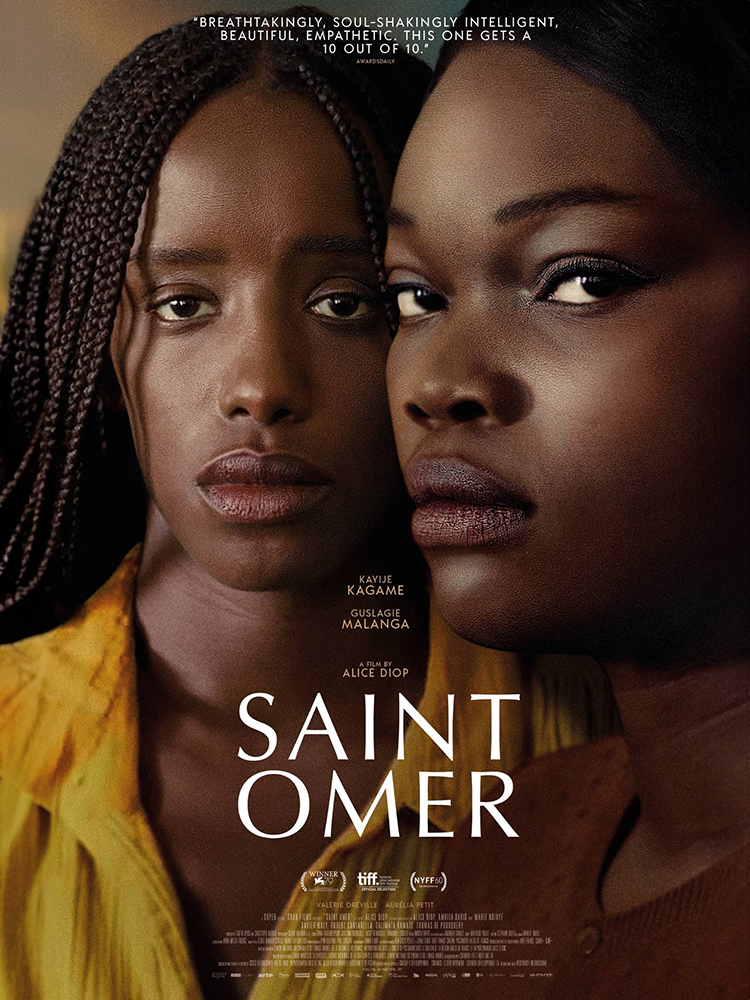 Saint Omer movie poster showing two young women standing side by side.
